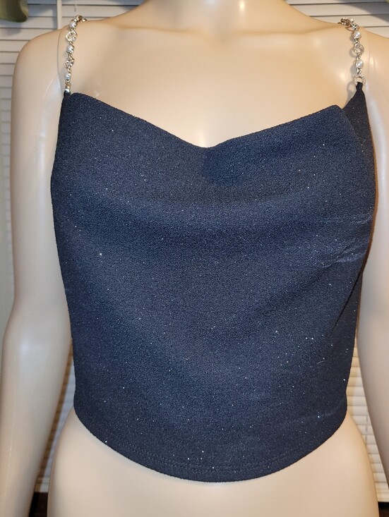 Windsor Tops - Windsor - Women's Black Sparkle Cowl Neck Crop Top with Embellished Straps